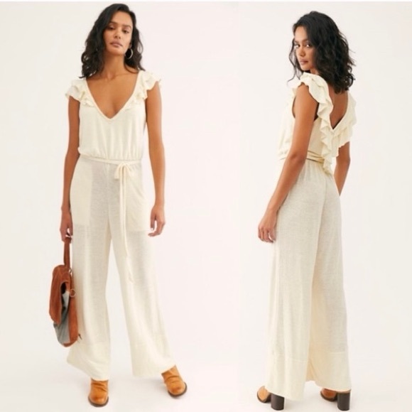 Free People Pants - Free People Beach Calluna Jumpsuit Sleeveless Wide Leg Linen Blend Ivory Large